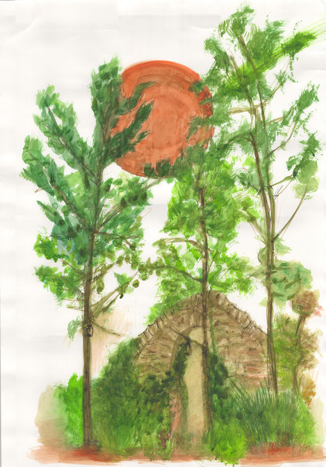 a painting of trees and a stone archway