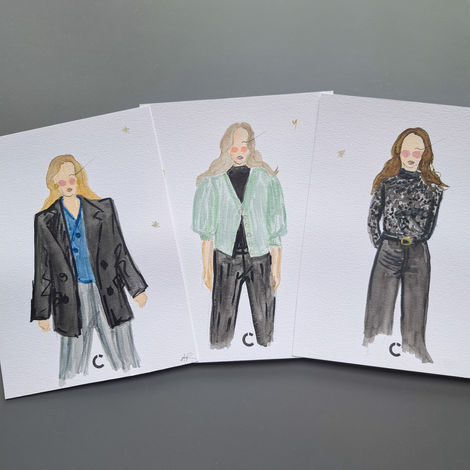 three drawings of women with the letter c on them