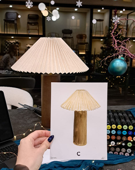 a drawing of a lamp with a pleated shade