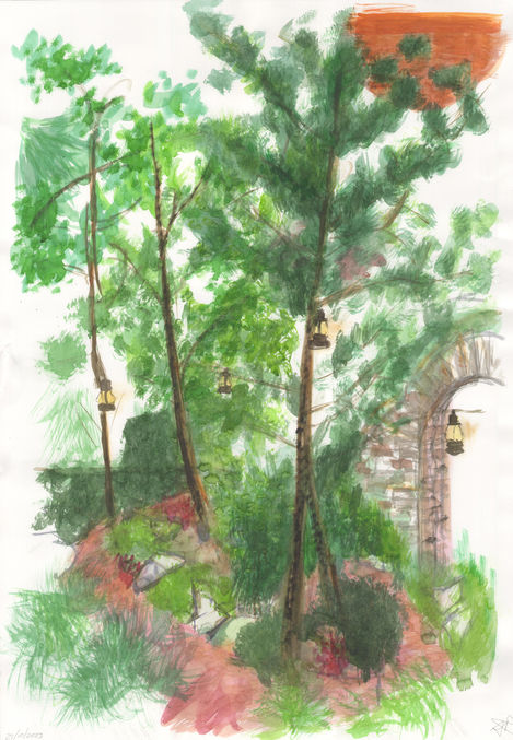 a painting of trees with lanterns hanging from them