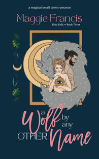 A navy book cover featuring a naked couple surrounded by a silver wolf and a moon. The woman faces forward, holding an eye over her chest. The man faces to the side.