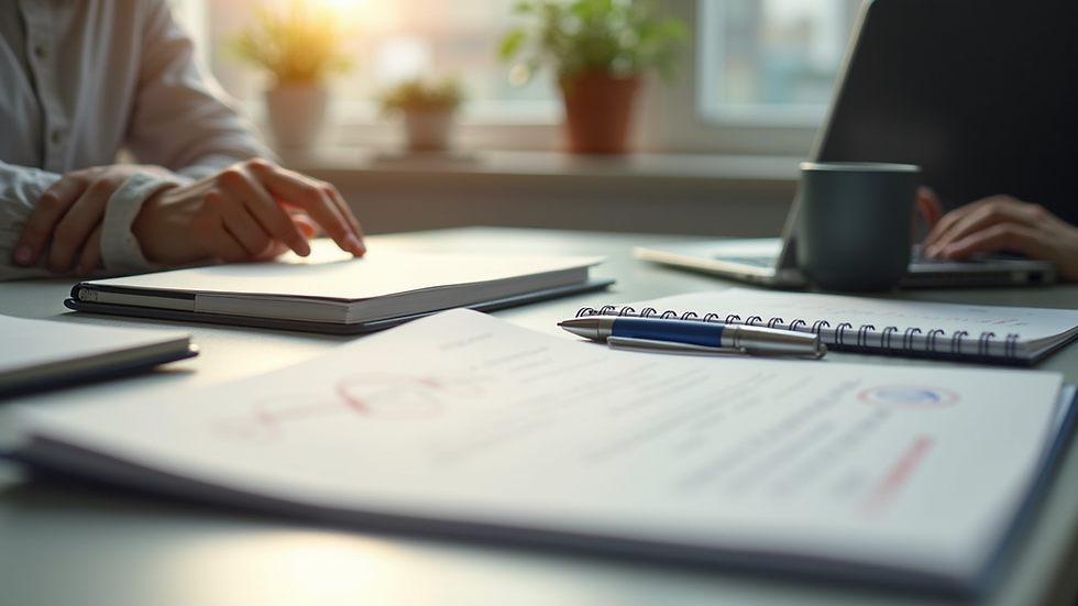 Close-up view of a neatly organized workspace with stationery and documents