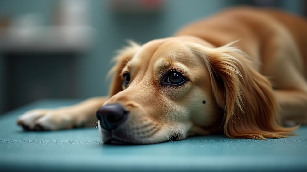 Close-up of a calm dog resting on a grooming table