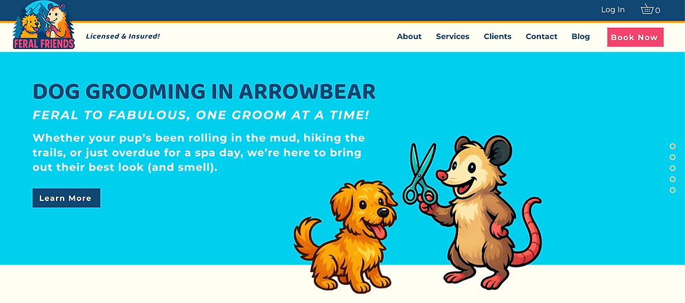 above the fold of web design for feral friends dog grooming