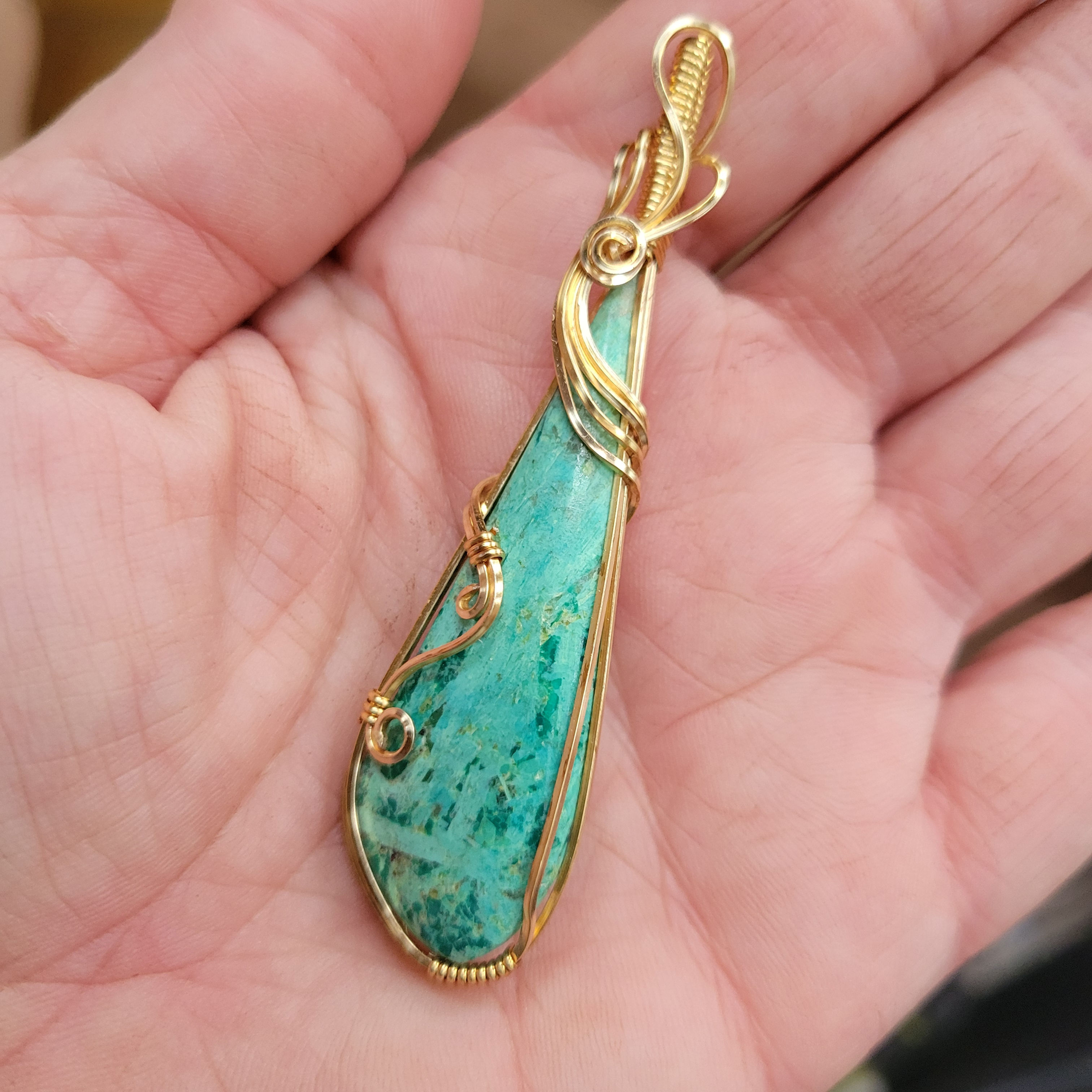 Gold Coated Solid Copper Chrysocolla Pendant