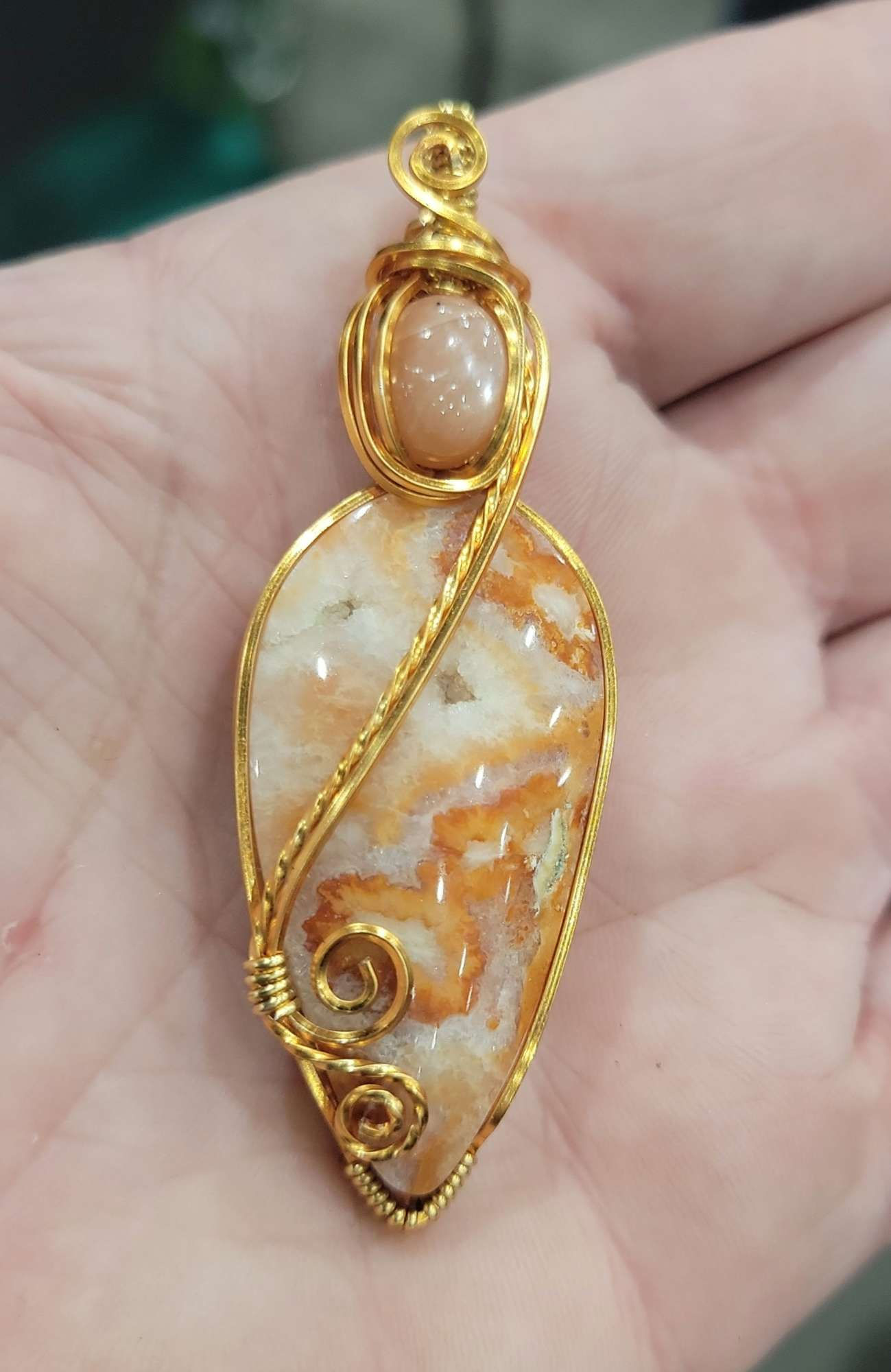Australian Agate Sunstone Gold Coated Solid Copper Pendant