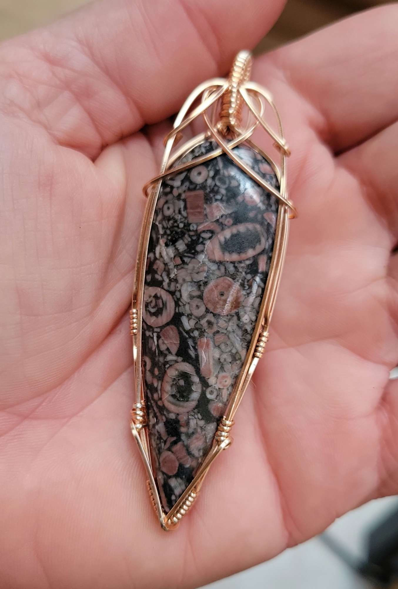 Crinoid Fossil Rose Gold Coated Copper Pendant