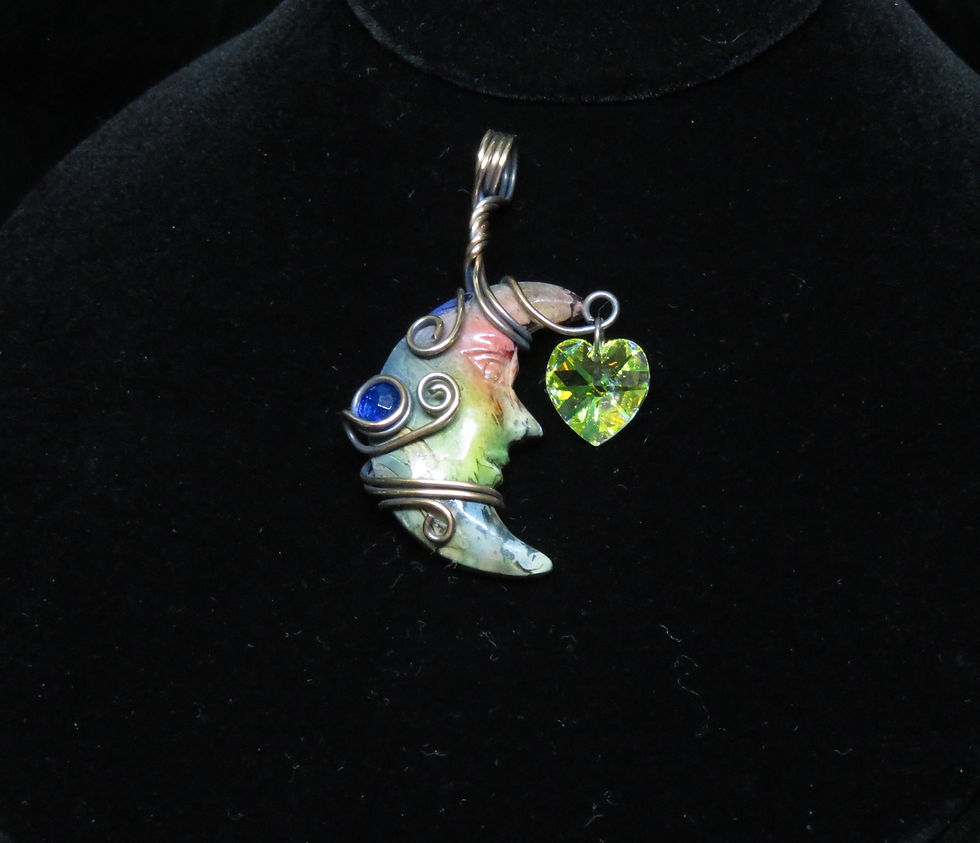 Dyed Palm Root Carved Crescent Moon & Crystal HeartAged Copper Pendant