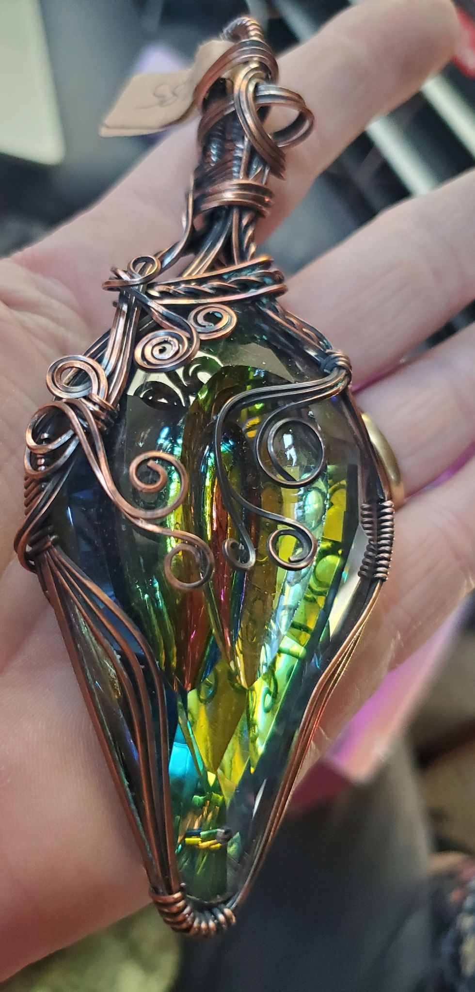 Thumbnail: Huge Art Glass Crystal Aged Copper Pendant
