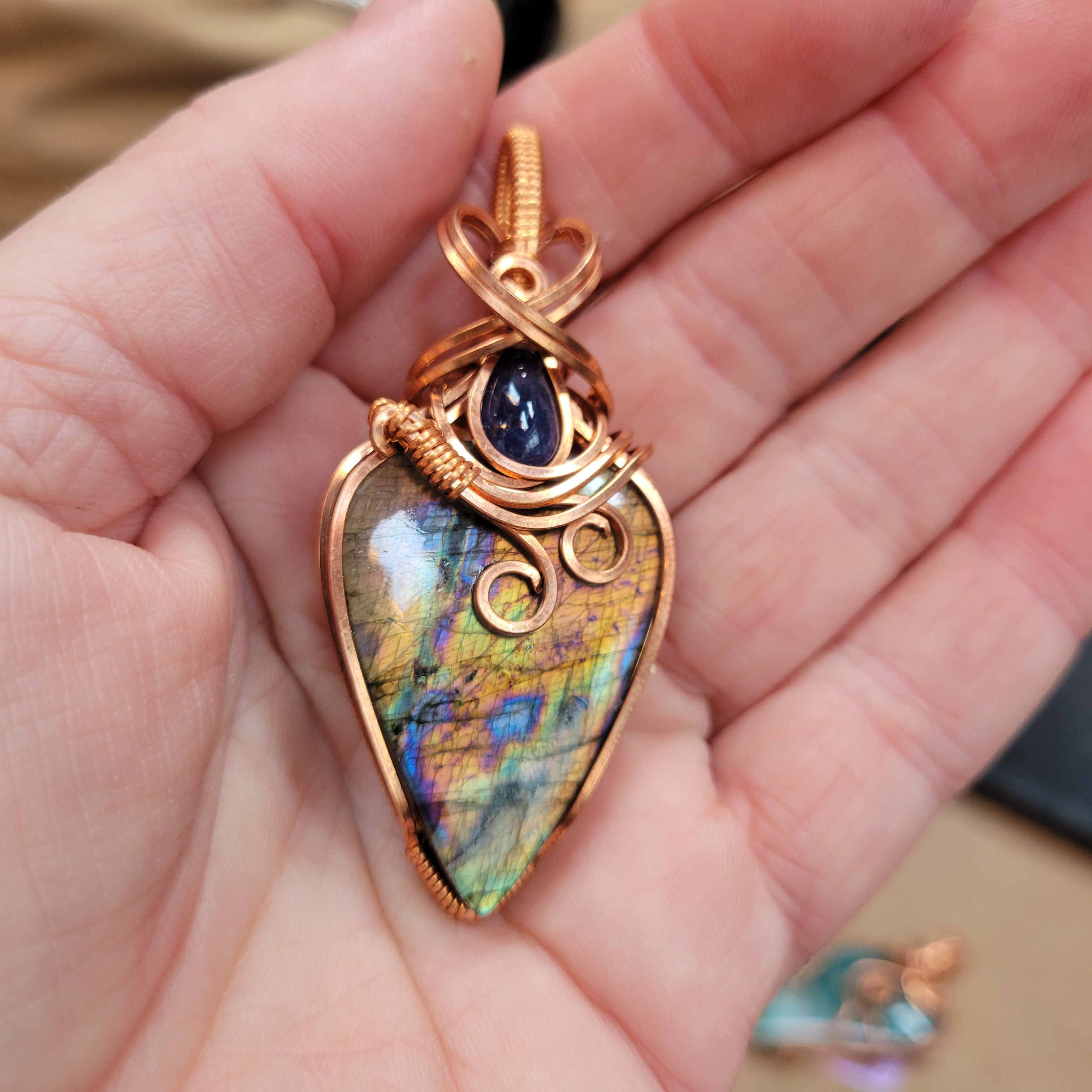 Rainbow Labradorite & Sapphire Copper Pendant