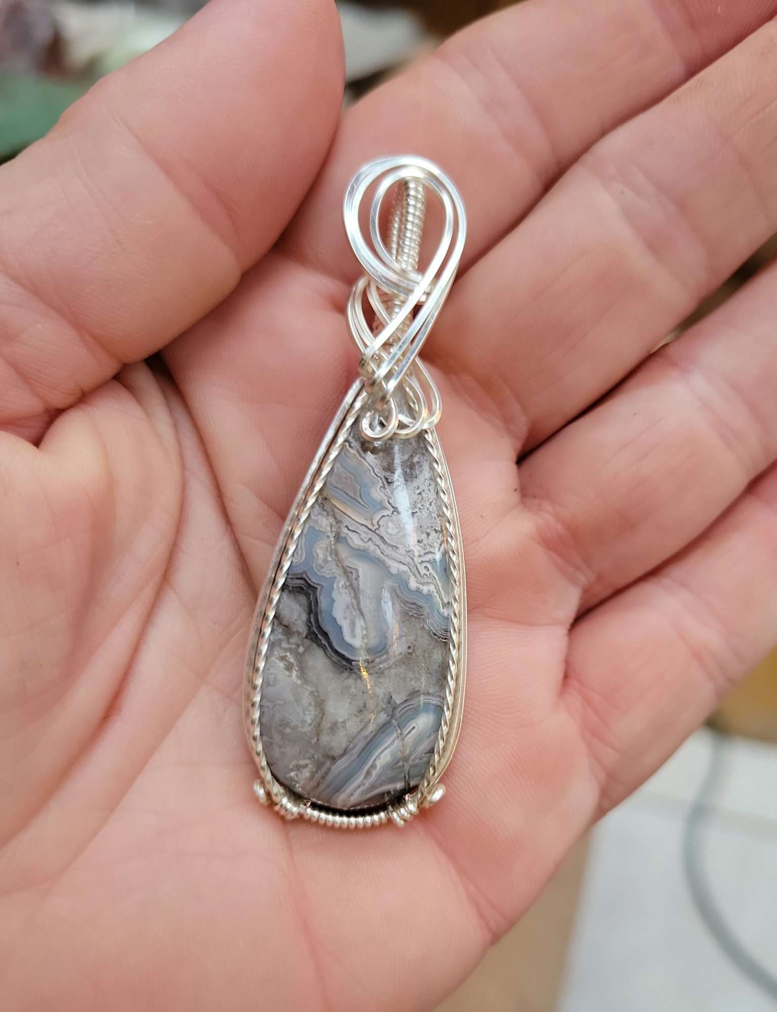 Tuxedo Lace Agate Silver coated copper pendant