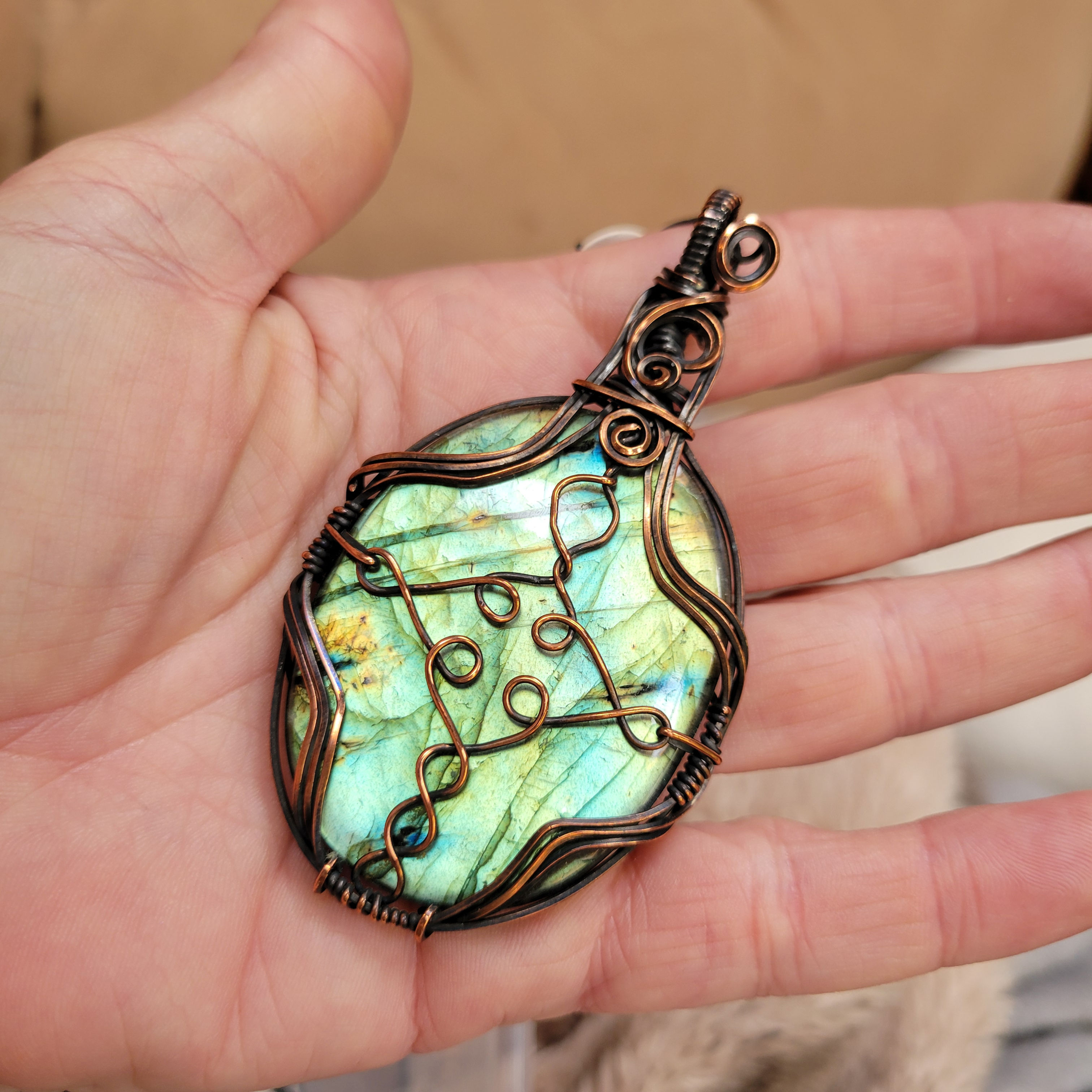 Labradorite Celtic Cross aged copper pendant