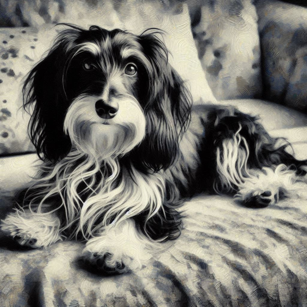 Black and tan silky wire on couch blk/white