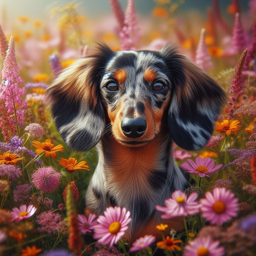 Dapple longhair in wildflowers