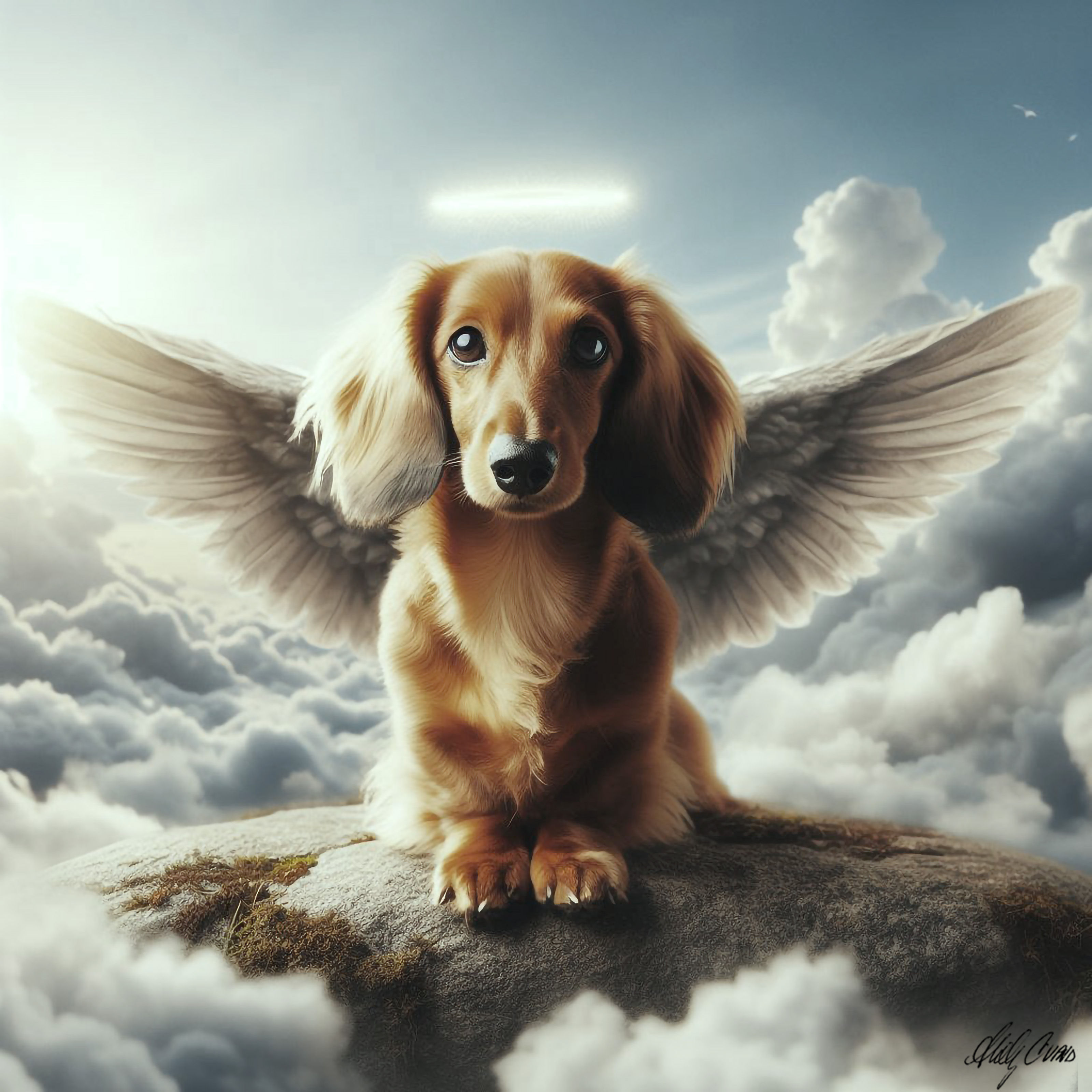 Red  long hair angel in clouds on rock