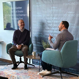 Dan Simons and David Gardner in conversation recording the Founding DC podcast, discussing investing, entrepreneurship, and conscious capitalism.