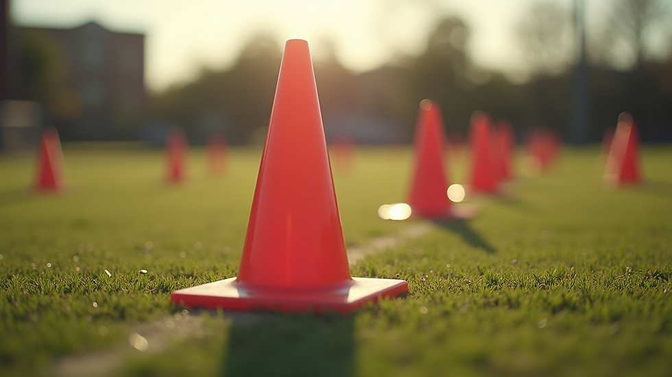 Close-up view of cones aligned in a straight line for agility drills