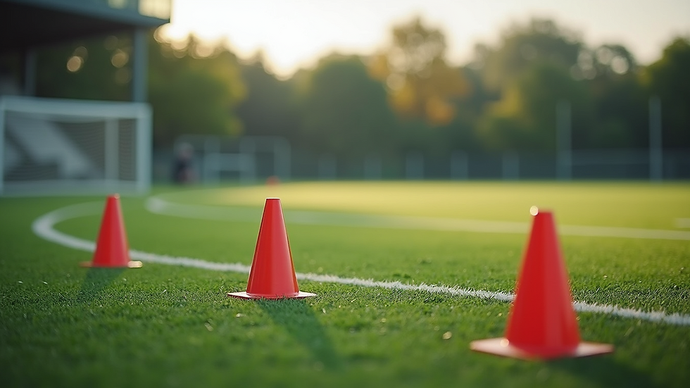 High angle view of an athletic field with cones set up for agility drills