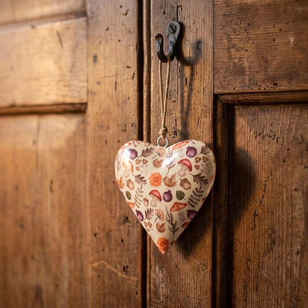 Hanging Metal Heart - Autumnal Mushroom Print Gift Box