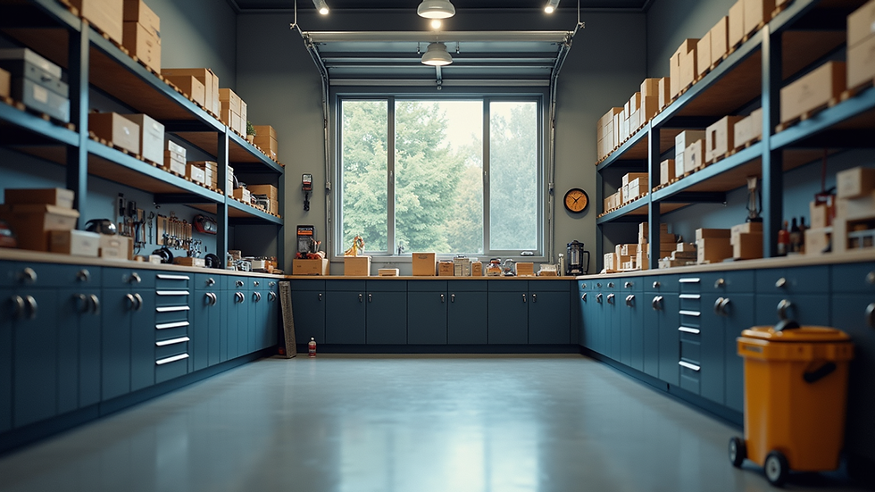 Eye-level view of a well-organized garage with shelving and cabinets