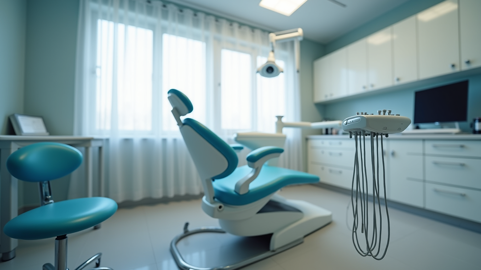 Eye-level view of dental office consultation room with dental chair and equipment