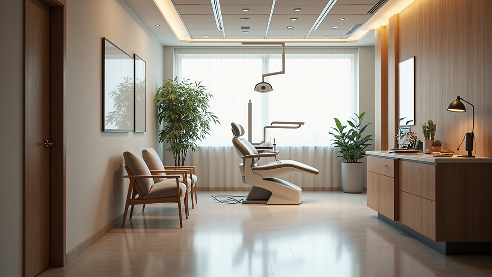 Eye-level view of dental office reception area with comfortable seating