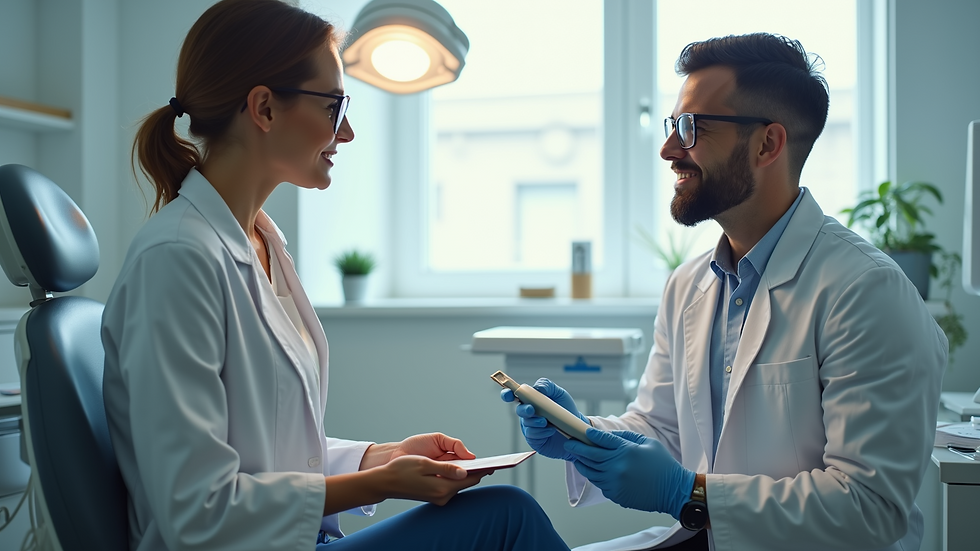 Eye-level view of dental office consultation with patient and dentist discussing treatment options