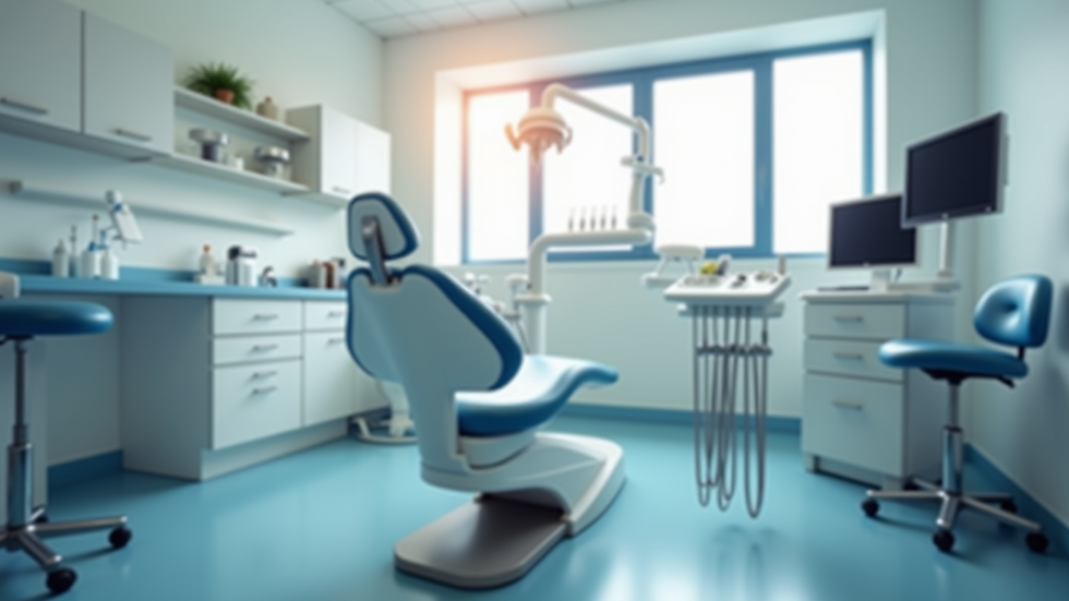 Eye-level view of a dental chair and equipment in a clean dental office