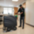 some one using a floor scrubber with a done and done pros uniform on in black and green lo
