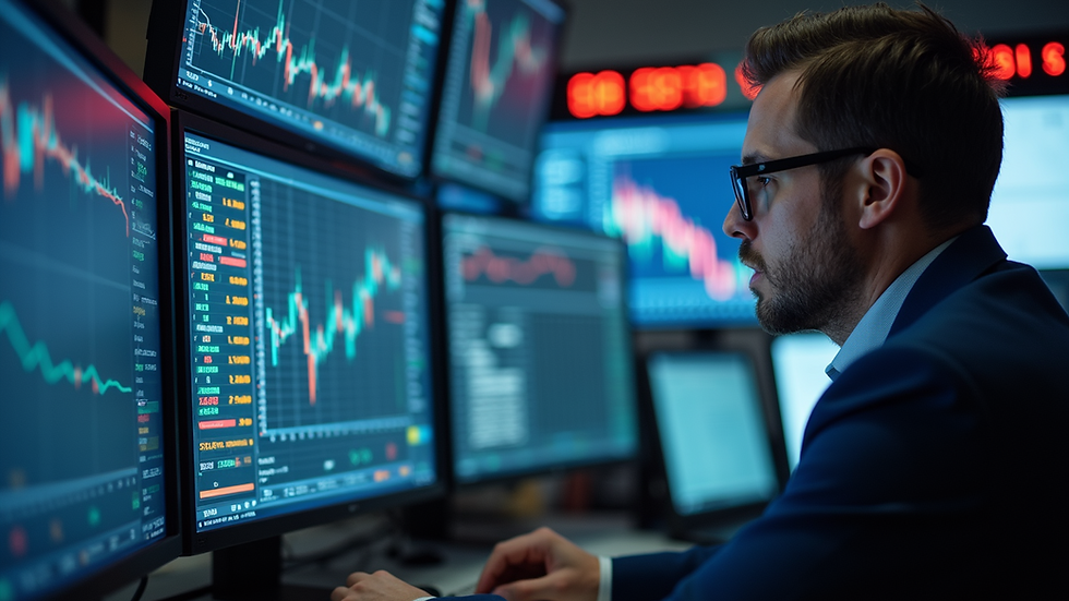 Eye-level view of a trader analyzing futures market data on multiple monitors