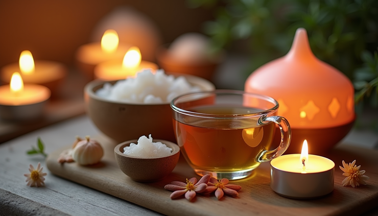 High angle view of a wellness setup with herbal teas, salt lamp, and relaxation candles