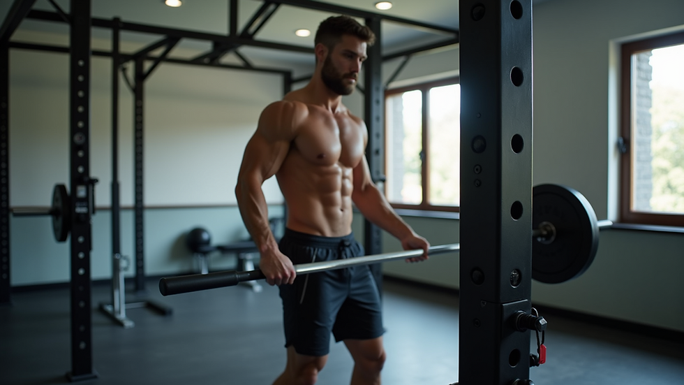 Eye-level view of a personal trainer setting up exercise equipment in a home gym