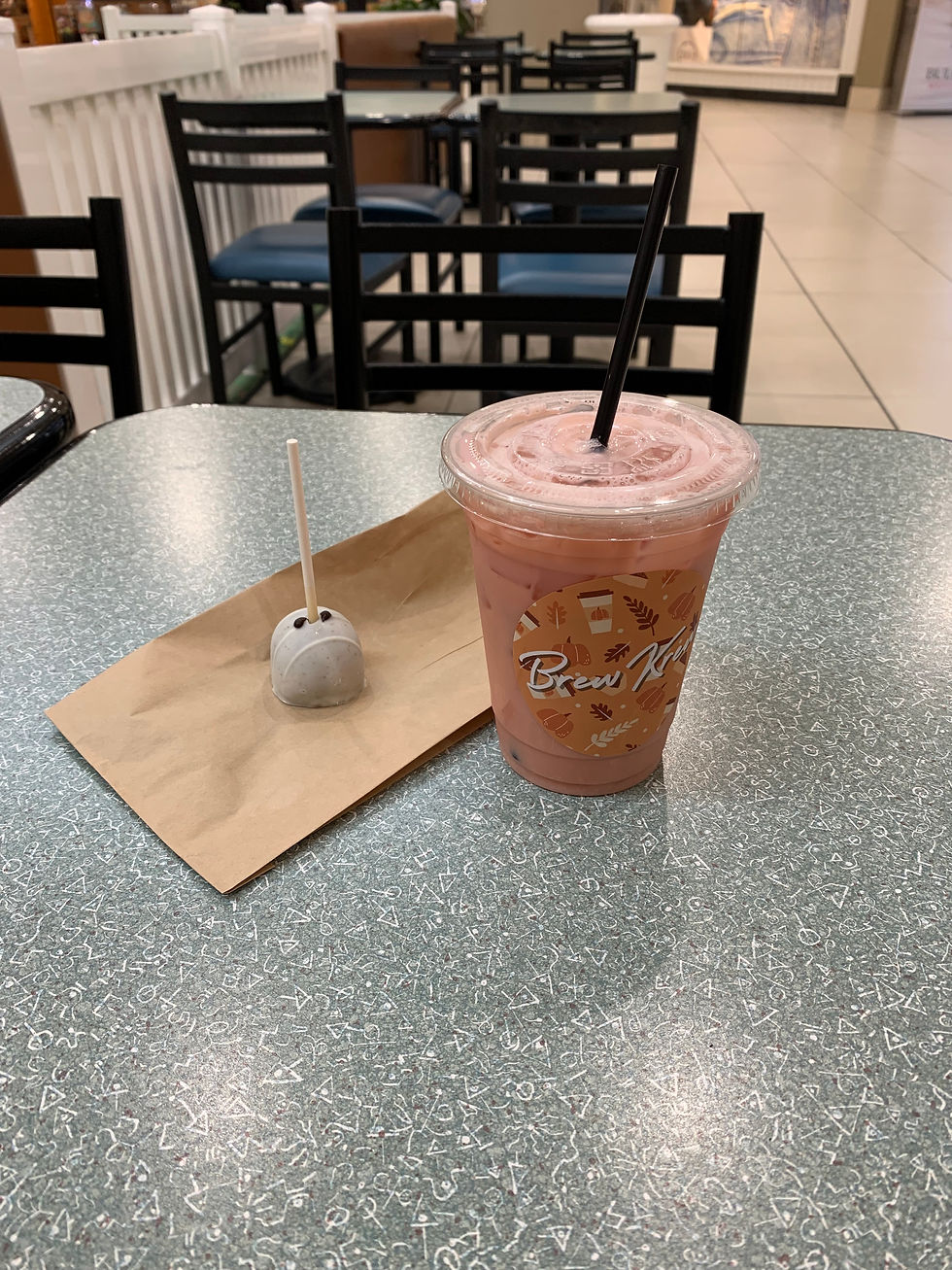 The strawberry latte and chocolate cake pop.