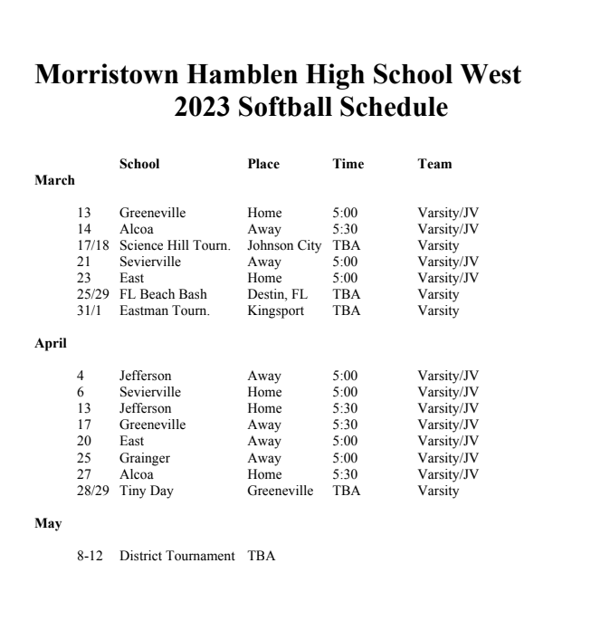 West Side Story West High Softball 2023 Schedule