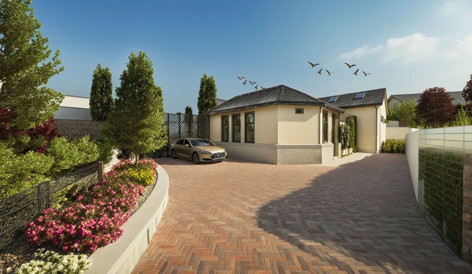 Driveway leading to the main entrance of Castle Cove residence in Kendal, designed by Architectural Assistance.