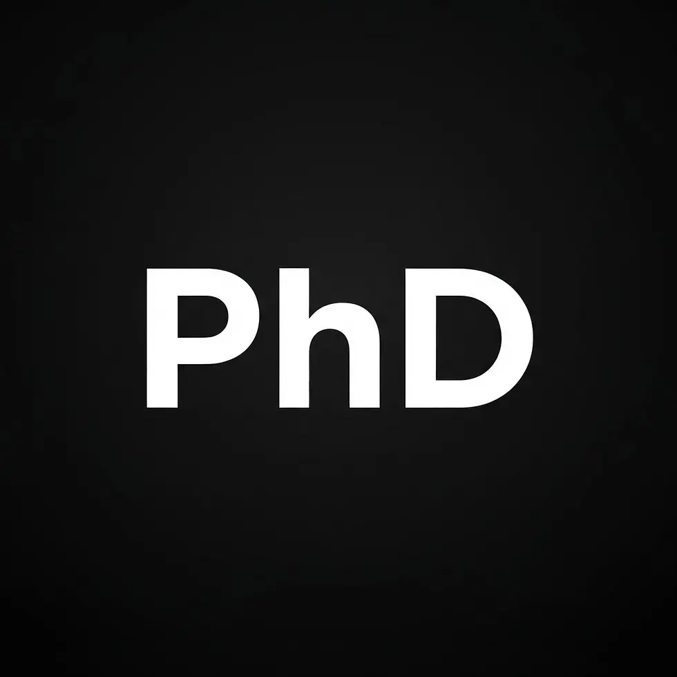 Digital illustration of the acronym "PhD" in bold white text on a black background. Minimalist and professional design.