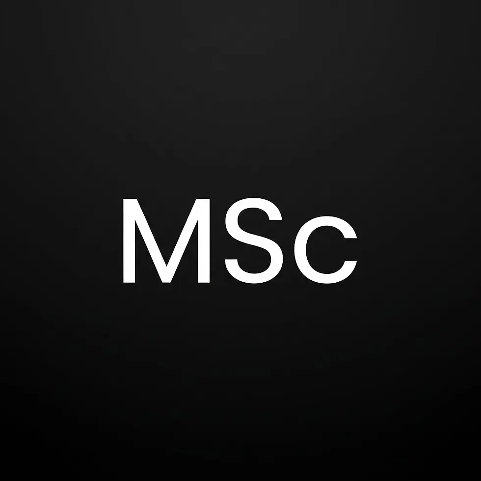 Simple graphic featuring the abbreviation 'MSc' in white text on a black background. This text signifies a Master of Science academic degree.