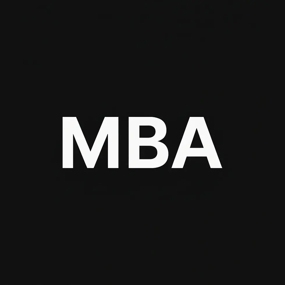 Digital graphic with the letters MBA in bold white font against a black background. Simple and impactful branding.