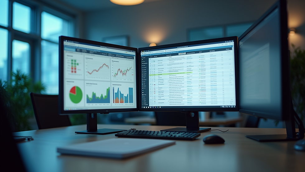 Eye-level view of a modern office workspace with multiple monitors showing workflow charts