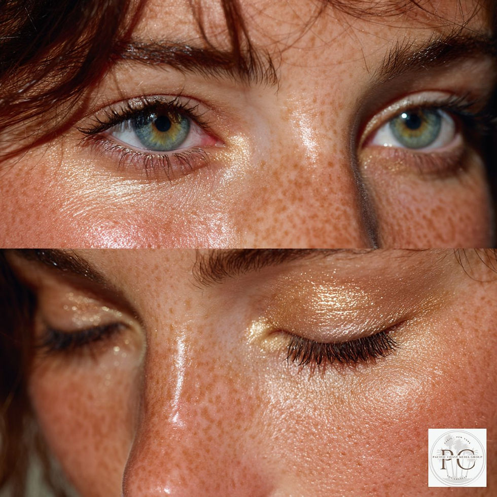 Close-up of freckled skin. Top shows open blue eyes, bottom shows closed eyes with golden makeup. Shiny skin texture, logo in corner.