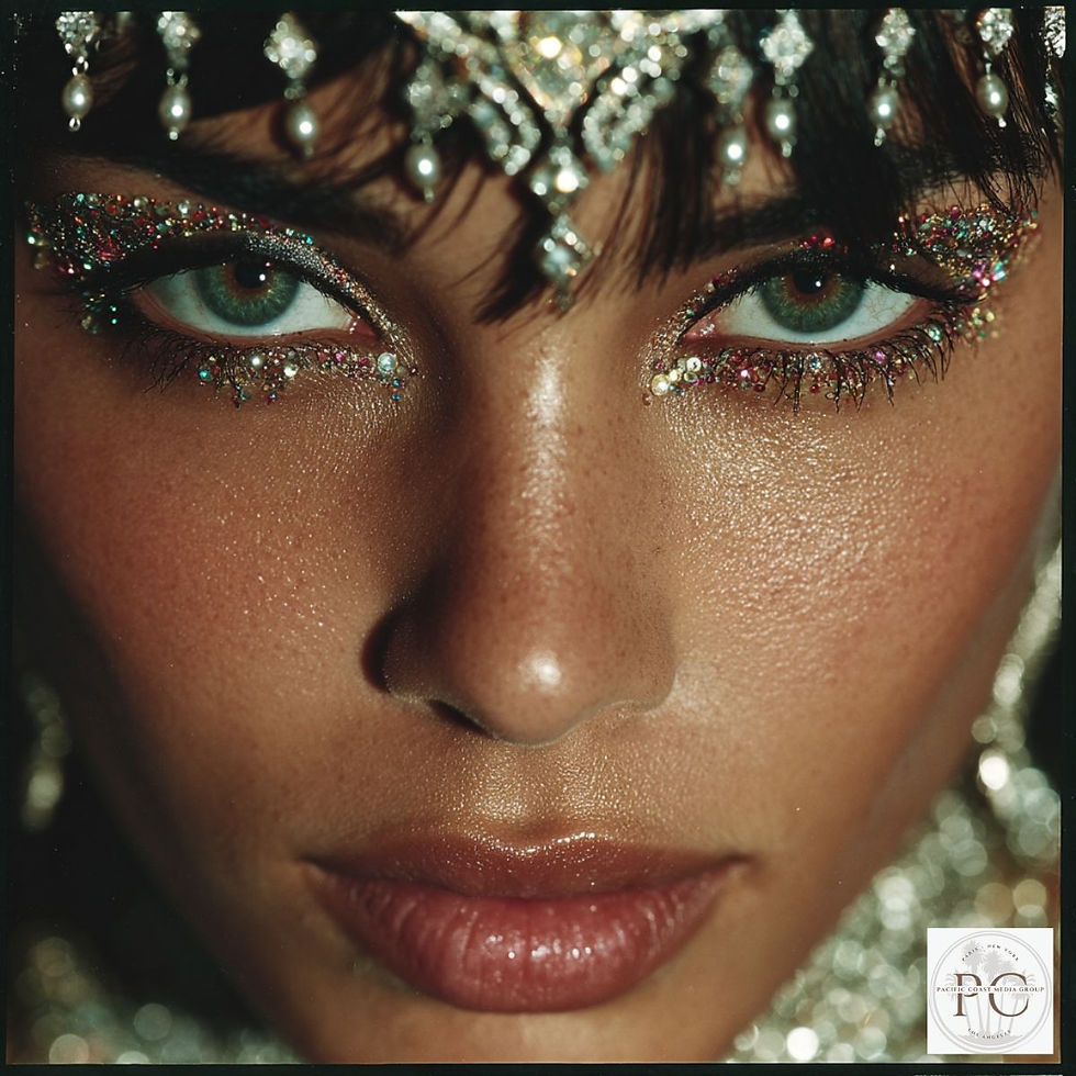 Close-up of a person with jeweled eye makeup, pearl headpiece adorns forehead. Focus on blue-green eyes and glossy lips, creating a glamorous mood.