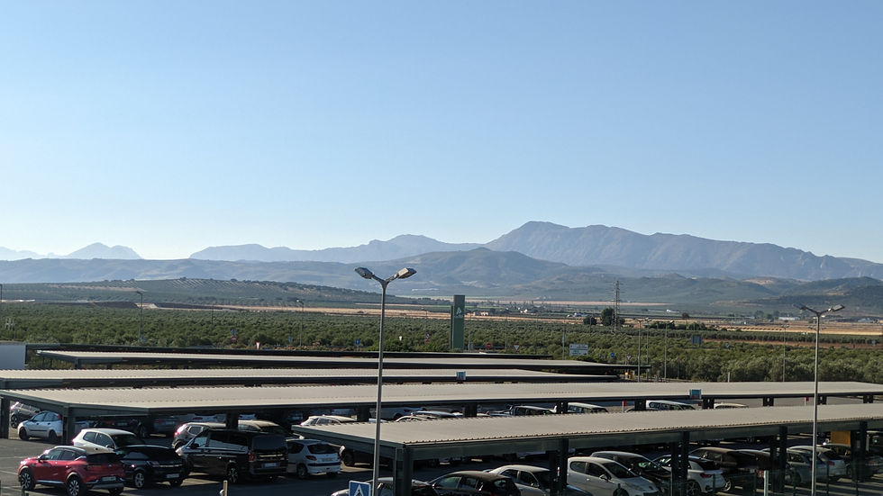 View from the Santa Ana train station in Spain showing a sunlit parking lot with covered spaces in the foreground, a lush expanse of olive groves in the midground, and a rugged mountain range rising in the distance under a clear blue sky.