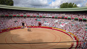 Crowded bullring with audience in white and red clothing, waving banners. Two horses on the sandy arena under a cloudy sky. Energetic atmosphere.