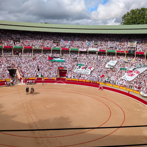 Crowded bullring with audience in white and red clothing, waving banners. Two horses on the sandy arena under a cloudy sky. Energetic atmosphere.