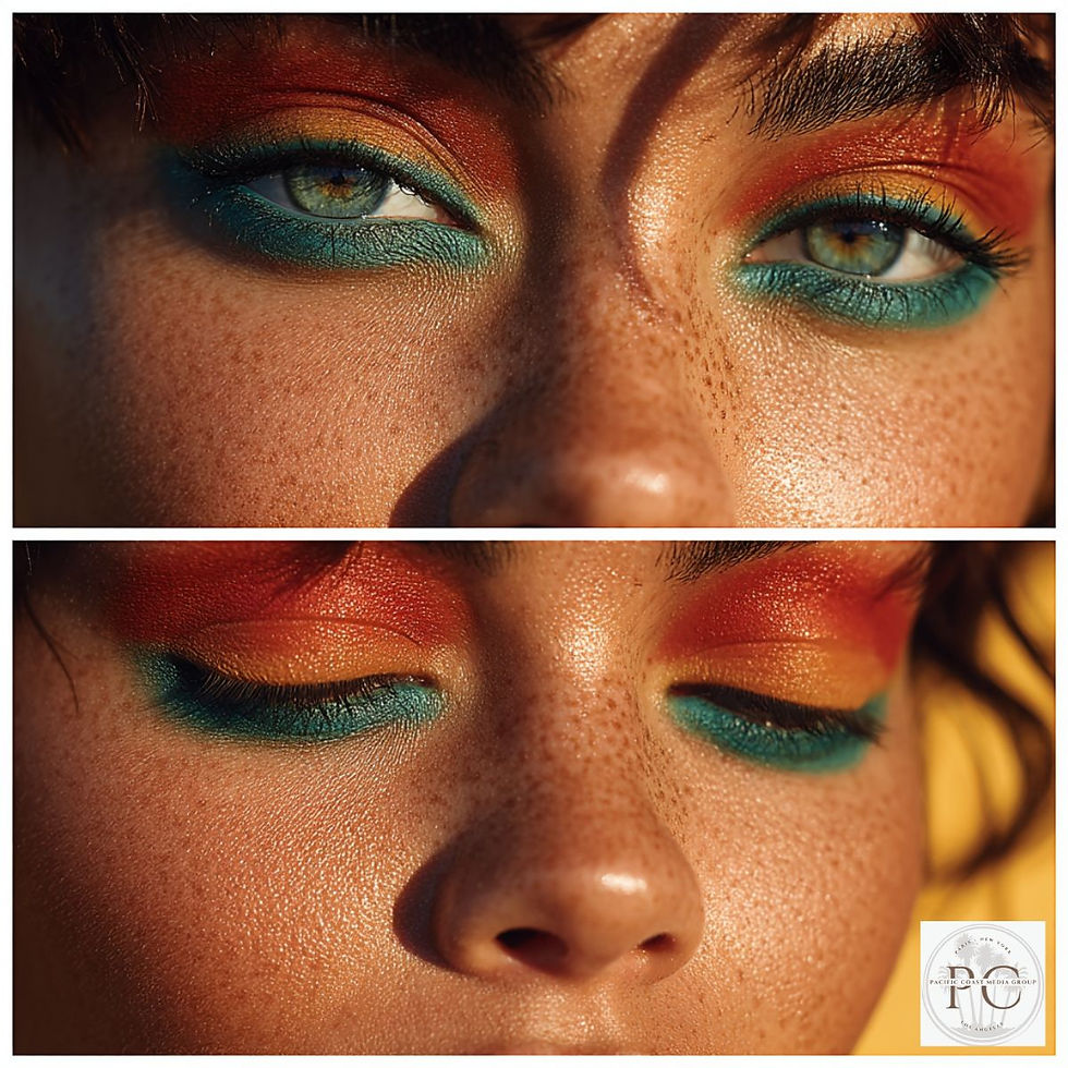 Close-up of eyes with vibrant makeup: red, orange, and teal eyeshadow. Freckled skin, serene mood. Yellow background, logo visible.