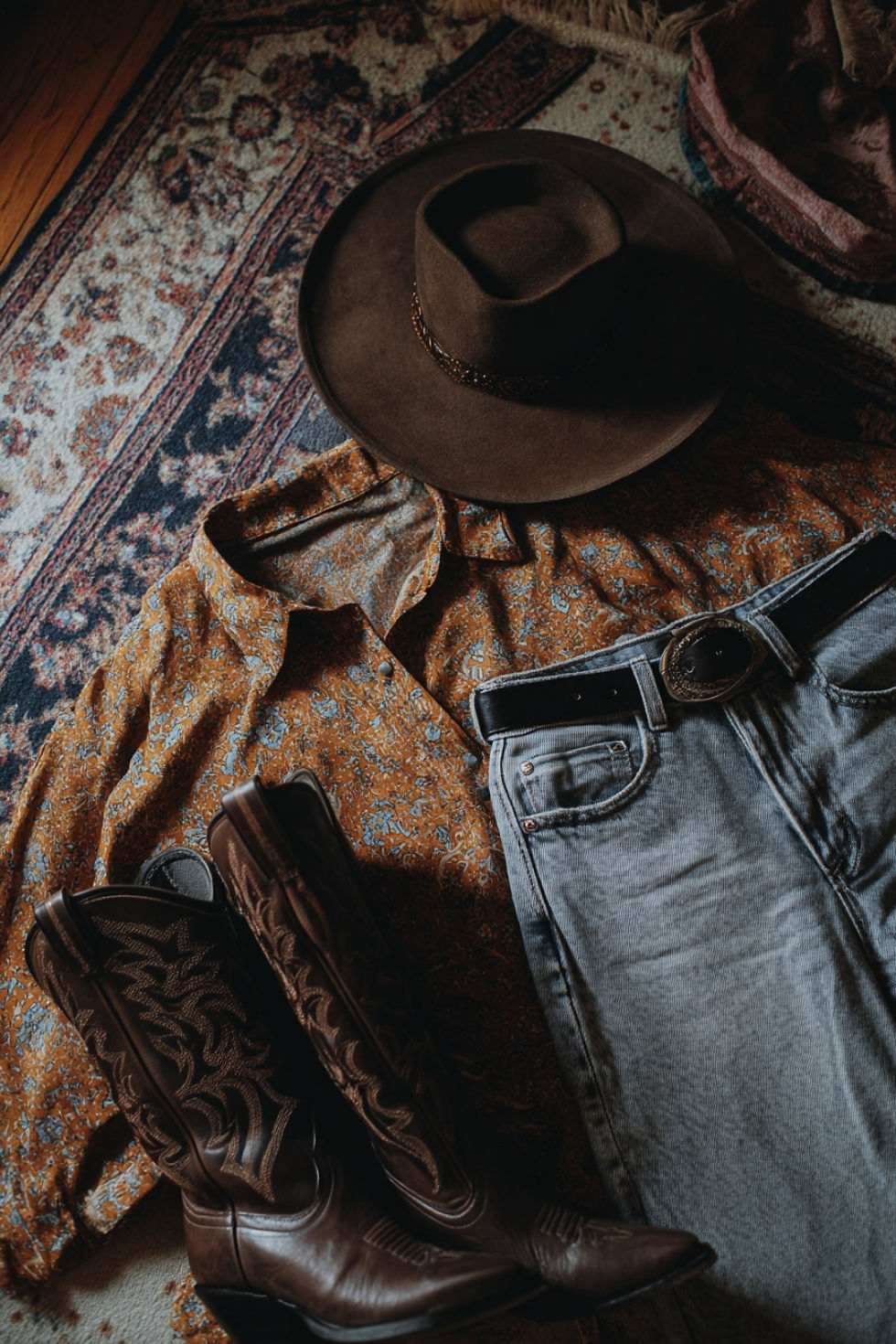 Cowboy hat, patterned shirt, jeans, and brown boots arranged on a vintage carpet, evoking a rustic, Western style.