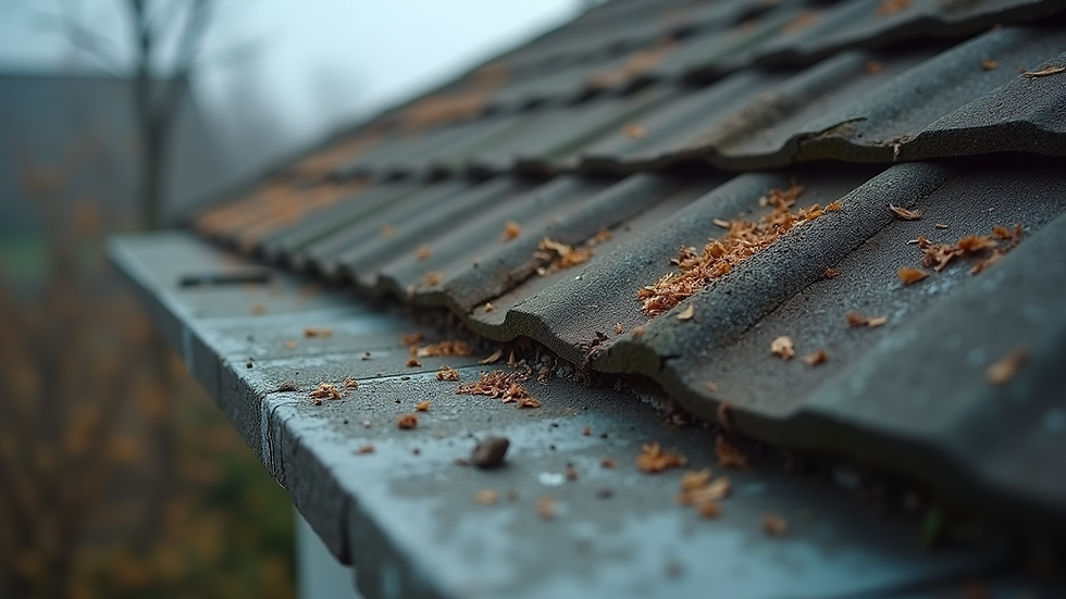 High angle view of a residential roof with visible wear and tear