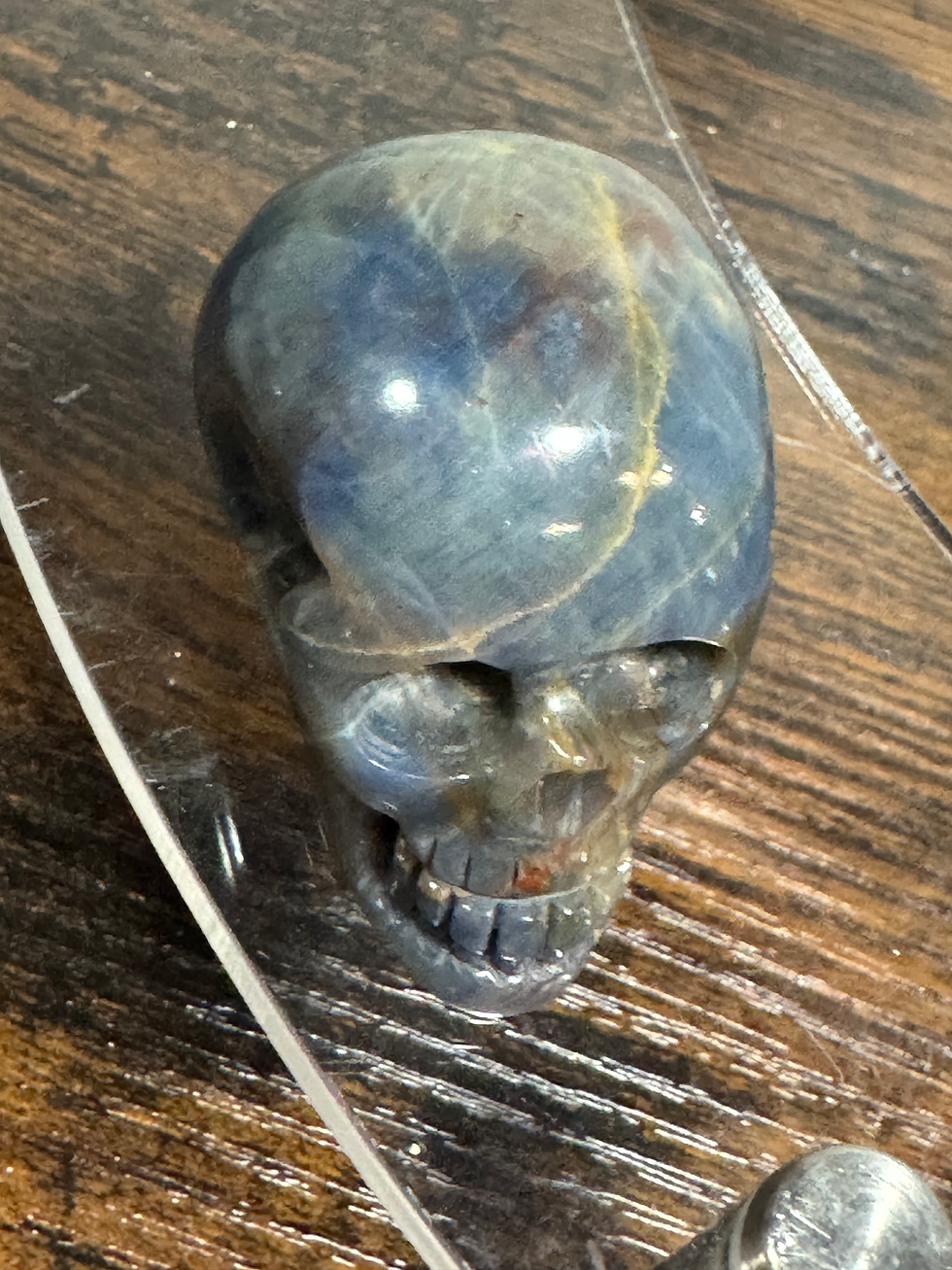 Thumbnail: Rare Blue Sapphire Crystal Skull 106g Hand Carved in India – Intuition & Protect