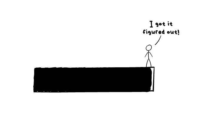 Hand-drawn life bar nearly fully shaded, with a stick figure at the edge saying "I got it figured out!" — illustrating clarity at the end of life.