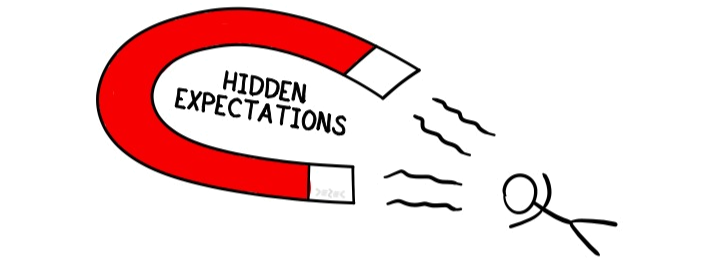Sketch of magnet labeled “Hidden Expectations” pulling a person, symbolizing invisible financial pressures